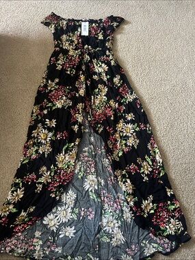 Floral Black Maxi Skirt with Front Slit - Women